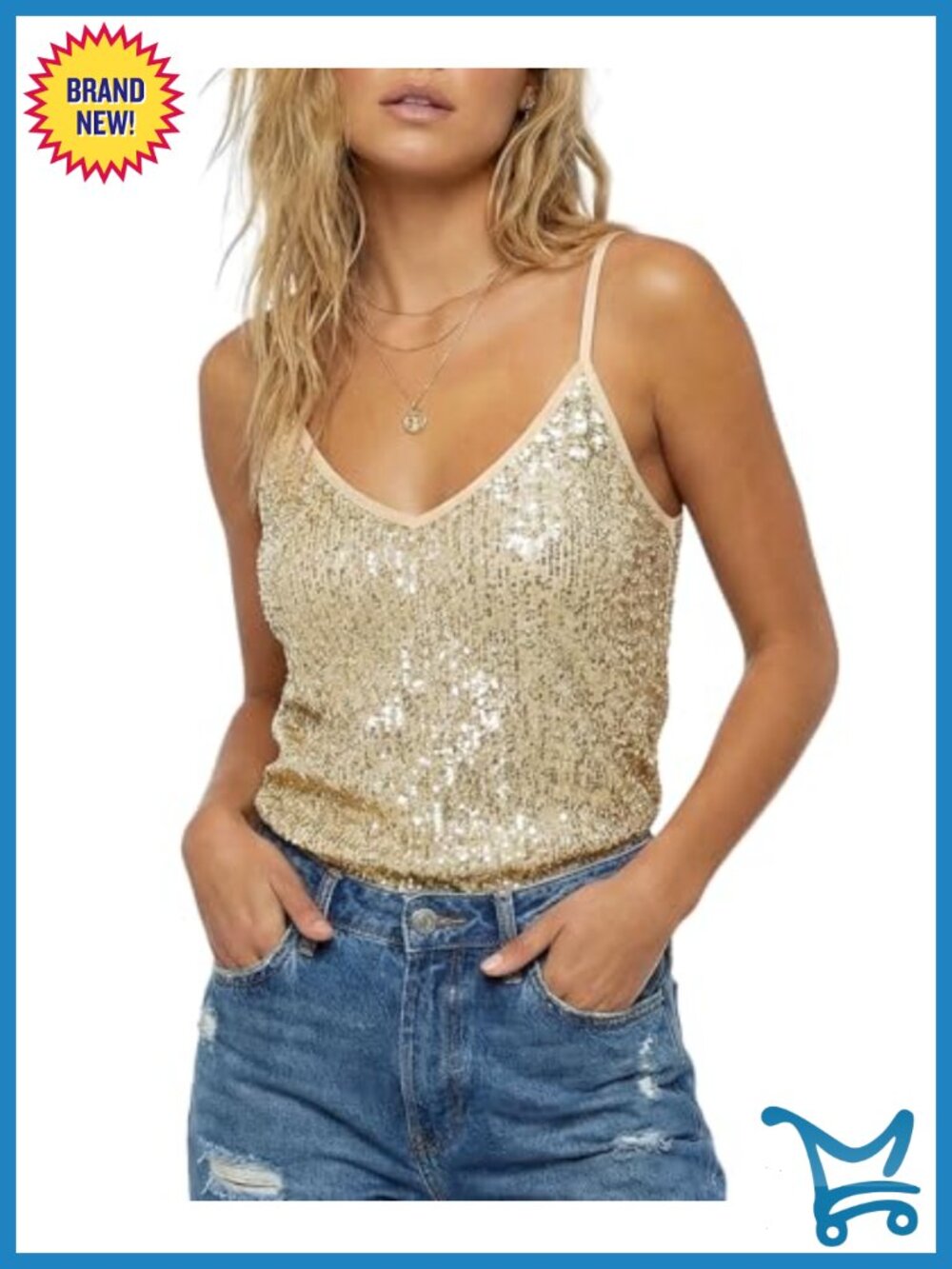 Sequin Tank Top Fully Lined Adjustable Spaghetti Strap Party Cami
